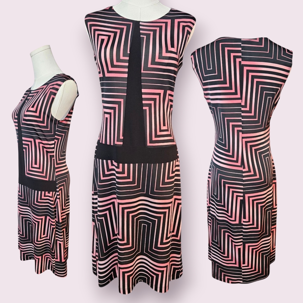 60s Inspired Black and Pink Geometric Dress, Size Medium